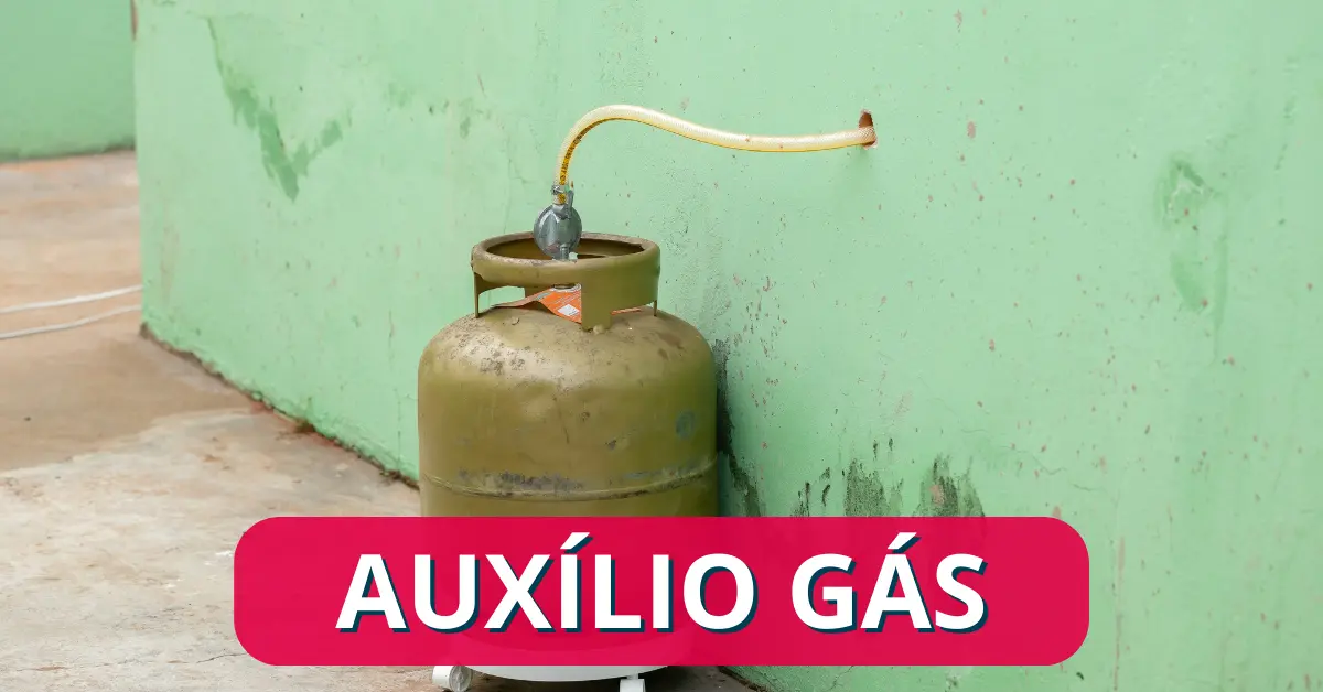 Uma imagem com um botijão de gás na parte externa de uma casa com os dizeres "Auxílio Gás"