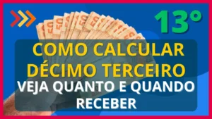 Uma mão segurando notas de cinquenta reais com os dizeres: Como calcular décimo terceiro: Veja quanto e quando receber.