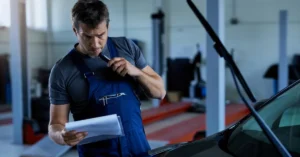 Homem realizando vistoria veicular em automóvel