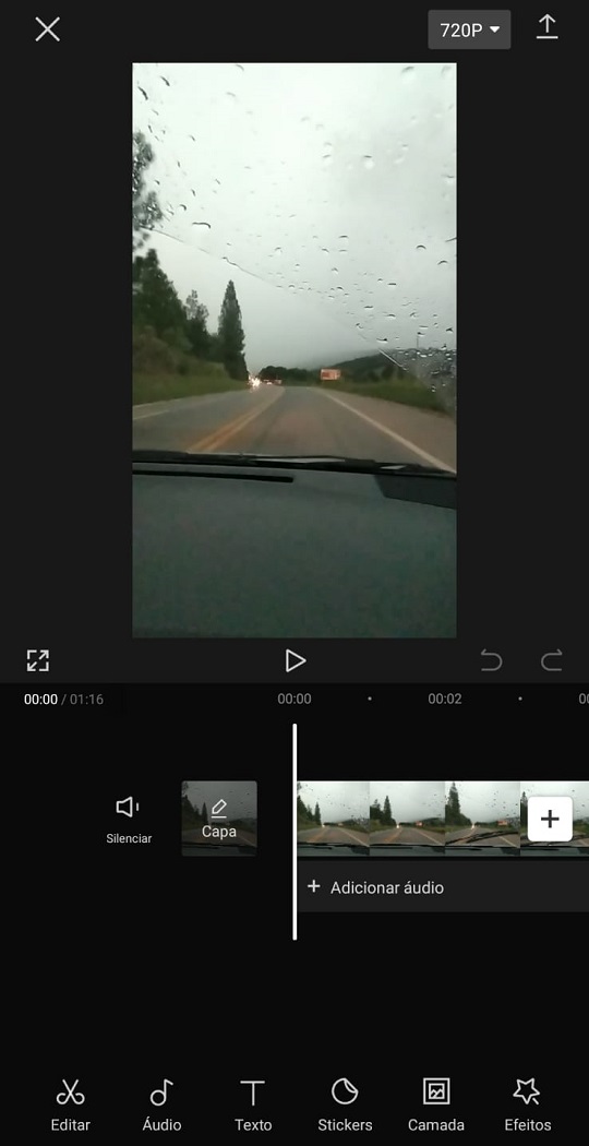 Tela de edição de vídeo do aplicativo CapCut